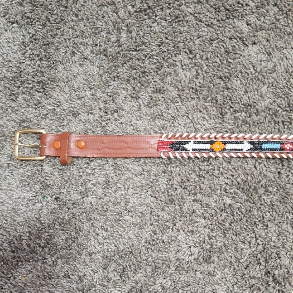 Made In Mexico Colorful Beaded Stamped Genuine Cowhide Belt-34-Brown Multi